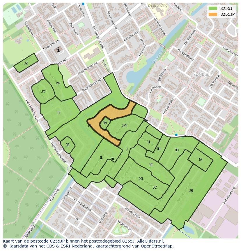 Afbeelding van het postcodegebied 8255 JP op de kaart.