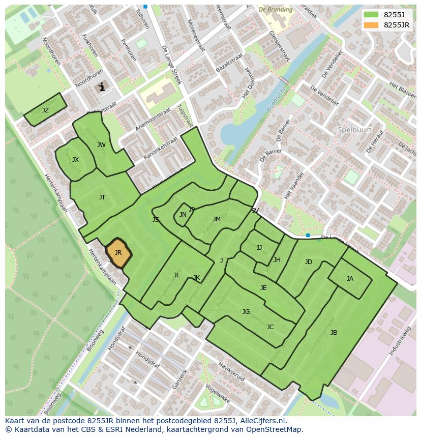 Afbeelding van het postcodegebied 8255 JR op de kaart.