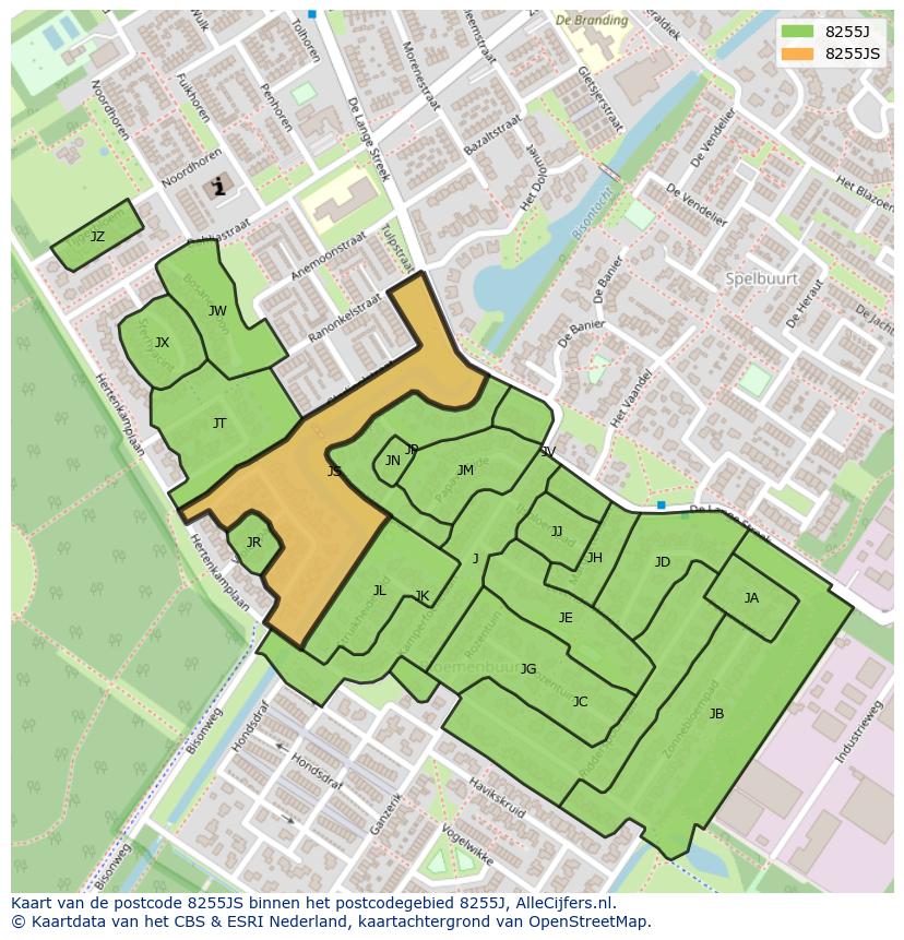 Afbeelding van het postcodegebied 8255 JS op de kaart.