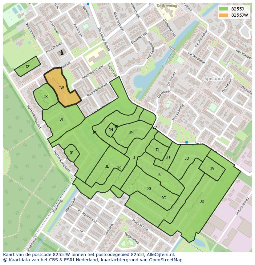 Afbeelding van het postcodegebied 8255 JW op de kaart.