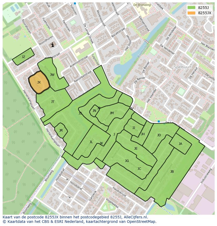 Afbeelding van het postcodegebied 8255 JX op de kaart.
