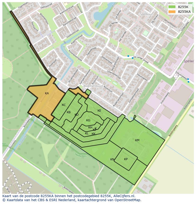 Afbeelding van het postcodegebied 8255 KA op de kaart.