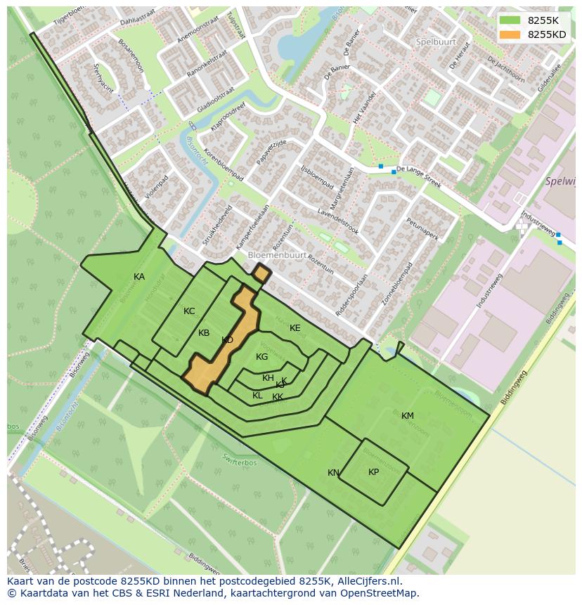 Afbeelding van het postcodegebied 8255 KD op de kaart.
