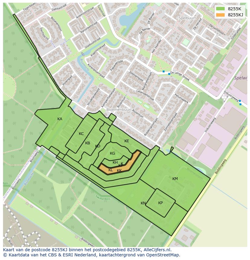 Afbeelding van het postcodegebied 8255 KJ op de kaart.