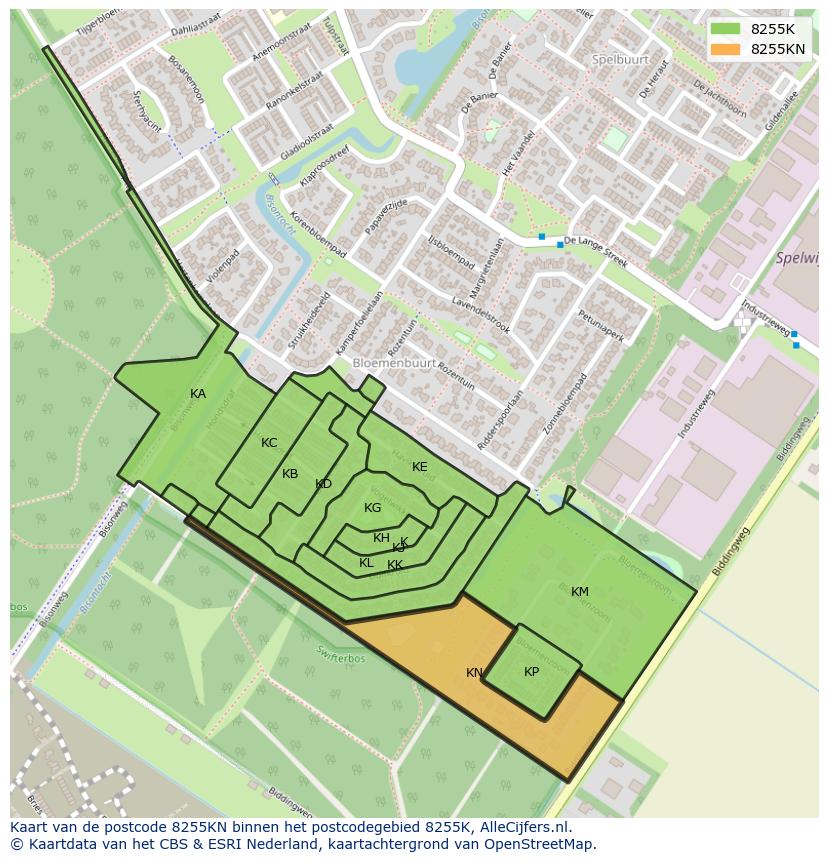 Afbeelding van het postcodegebied 8255 KN op de kaart.