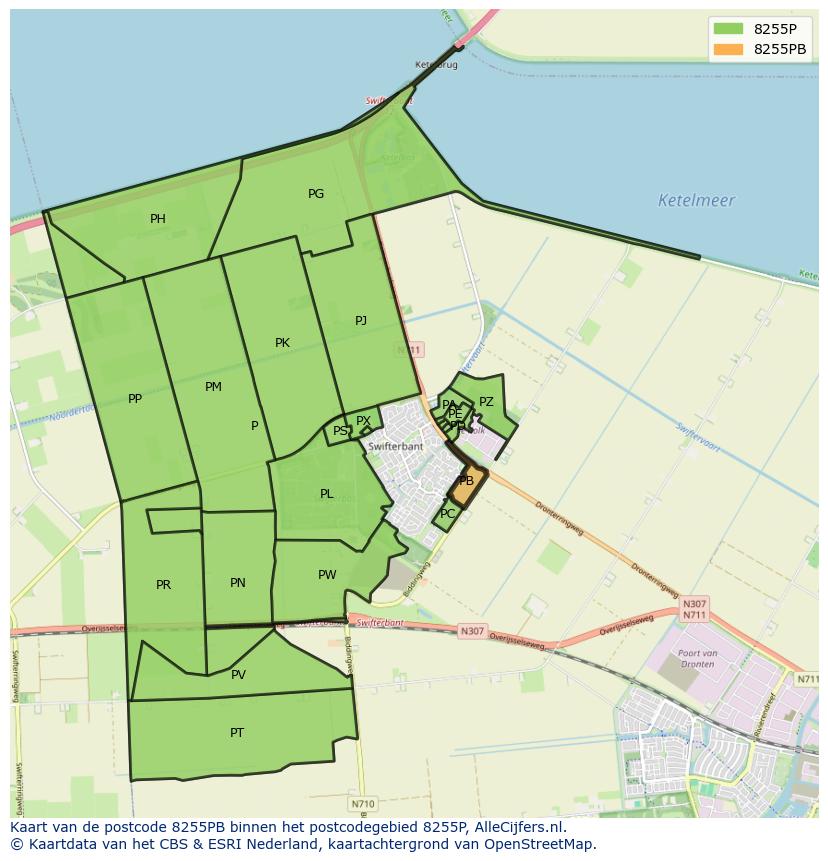 Afbeelding van het postcodegebied 8255 PB op de kaart.