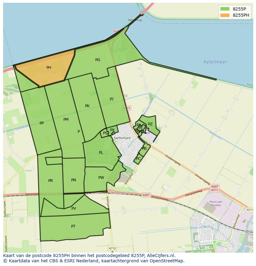 Afbeelding van het postcodegebied 8255 PH op de kaart.