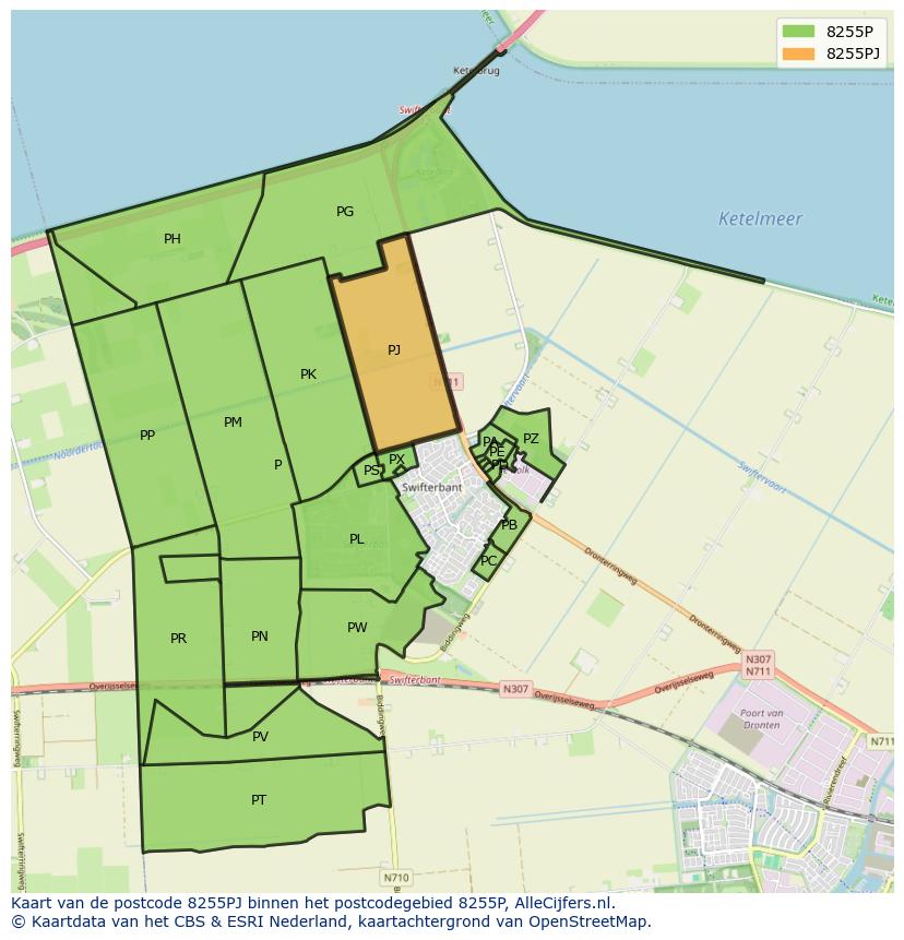 Afbeelding van het postcodegebied 8255 PJ op de kaart.