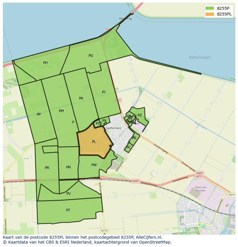 Afbeelding van het postcodegebied 8255 PL op de kaart.