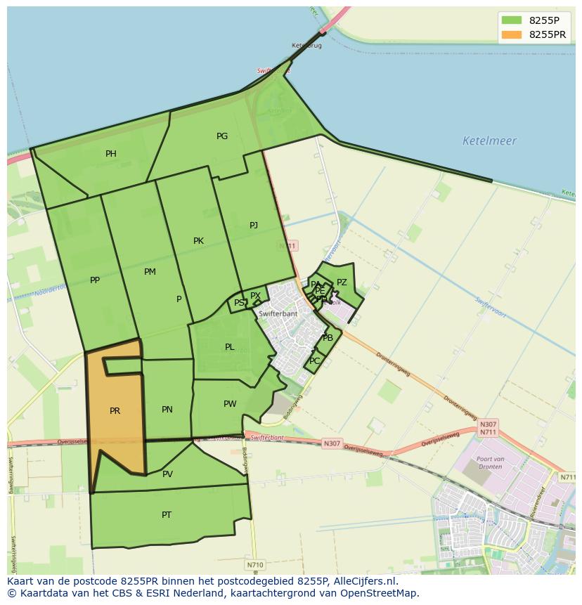 Afbeelding van het postcodegebied 8255 PR op de kaart.