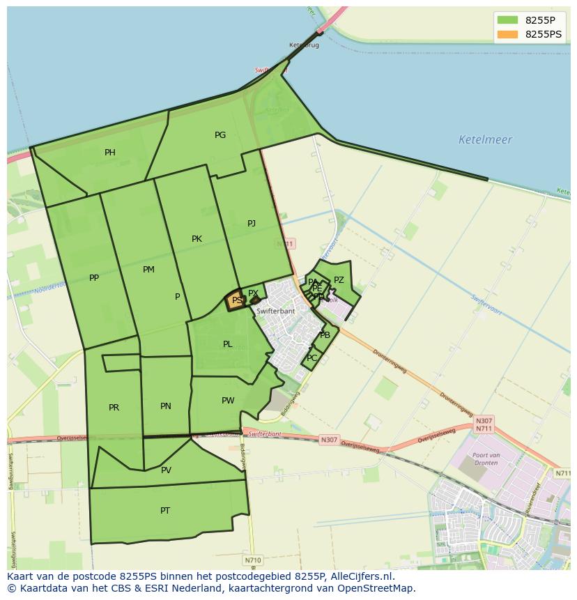 Afbeelding van het postcodegebied 8255 PS op de kaart.
