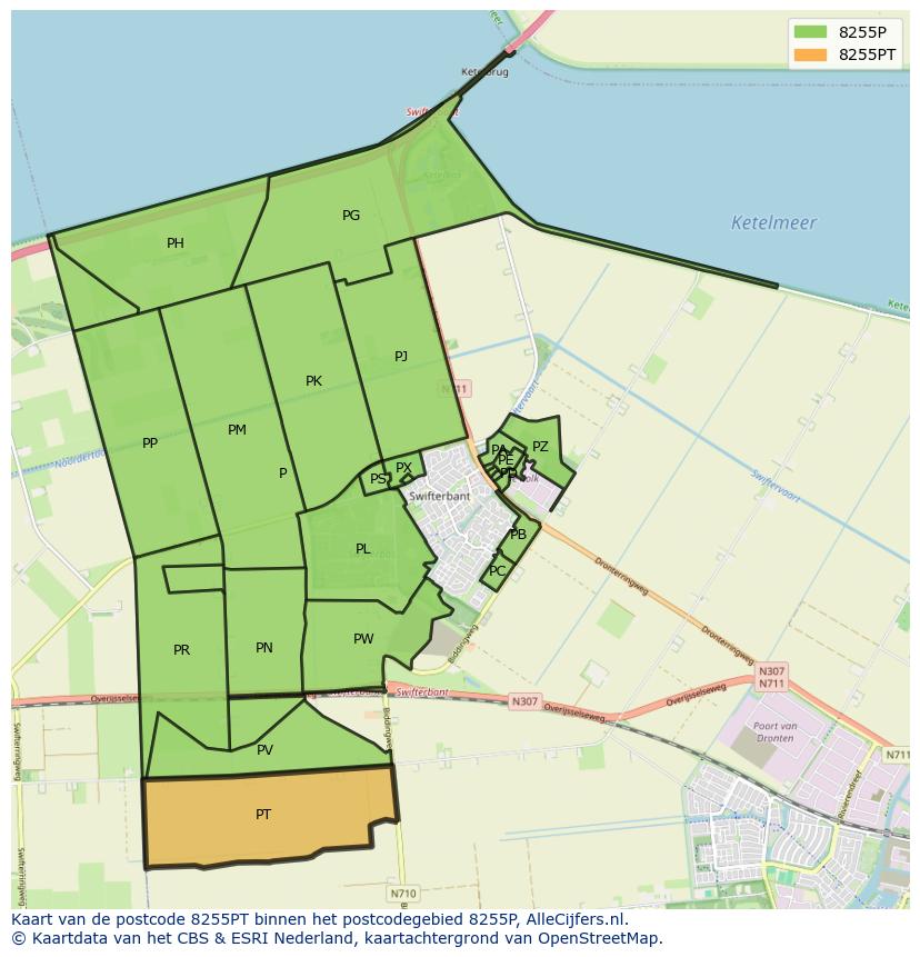 Afbeelding van het postcodegebied 8255 PT op de kaart.