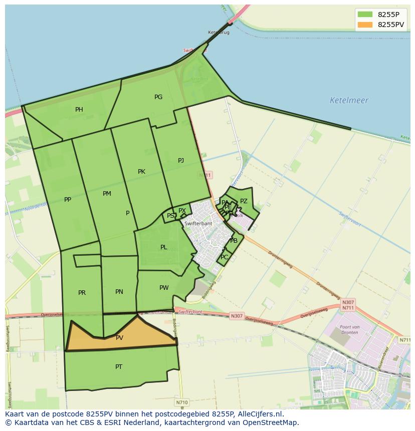 Afbeelding van het postcodegebied 8255 PV op de kaart.