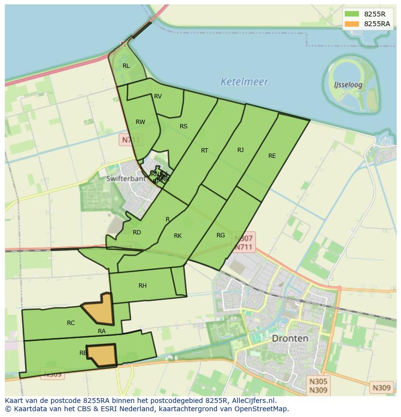 Afbeelding van het postcodegebied 8255 RA op de kaart.