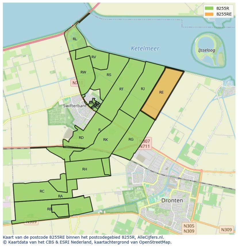 Afbeelding van het postcodegebied 8255 RE op de kaart.