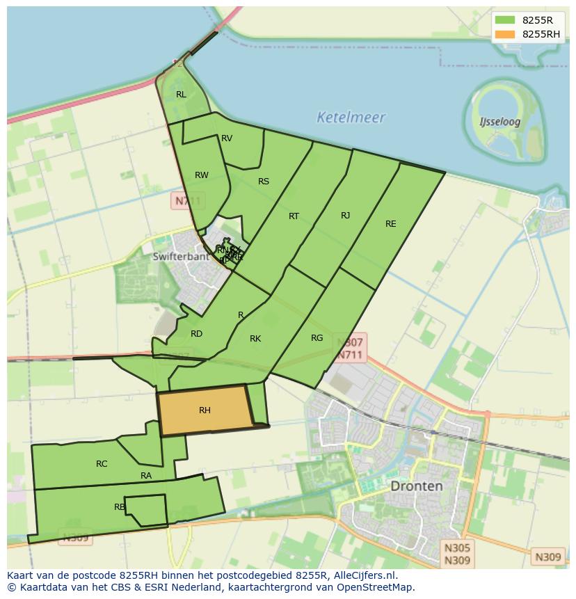 Afbeelding van het postcodegebied 8255 RH op de kaart.