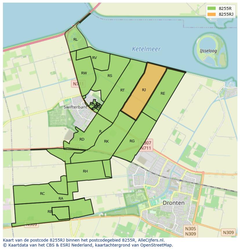 Afbeelding van het postcodegebied 8255 RJ op de kaart.