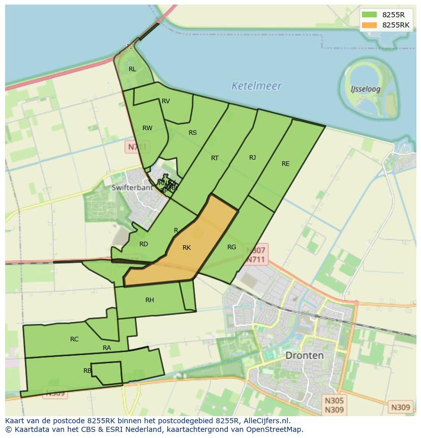 Afbeelding van het postcodegebied 8255 RK op de kaart.