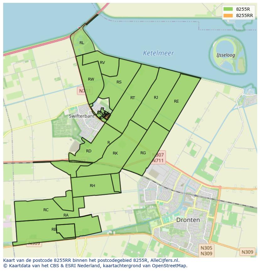 Afbeelding van het postcodegebied 8255 RR op de kaart.