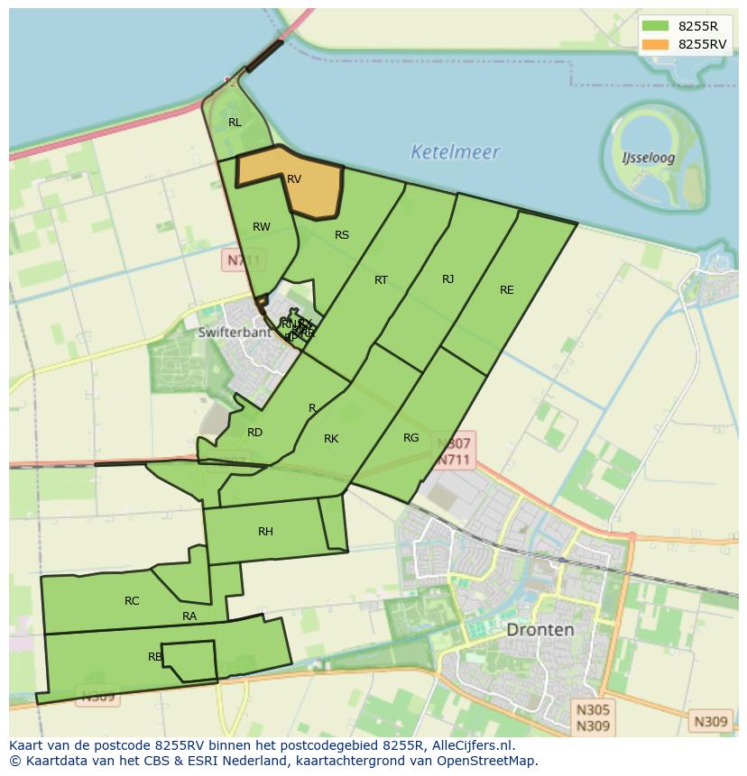 Afbeelding van het postcodegebied 8255 RV op de kaart.