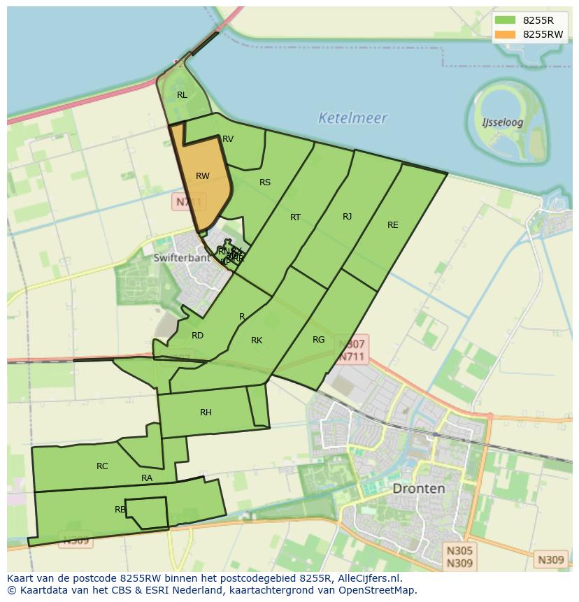 Afbeelding van het postcodegebied 8255 RW op de kaart.