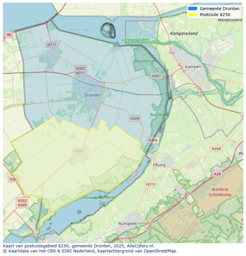 Afbeelding van het postcodegebied 8256 op de kaart.