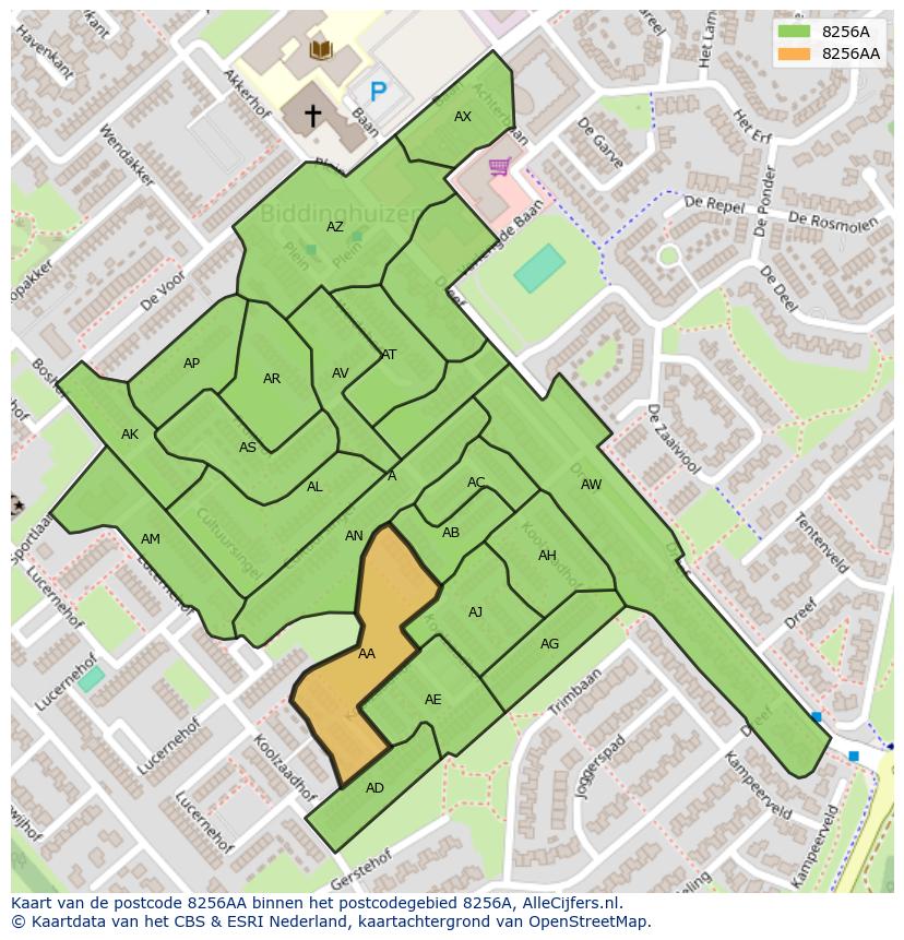 Afbeelding van het postcodegebied 8256 AA op de kaart.