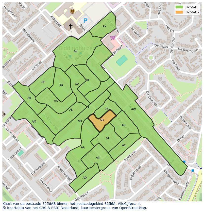 Afbeelding van het postcodegebied 8256 AB op de kaart.