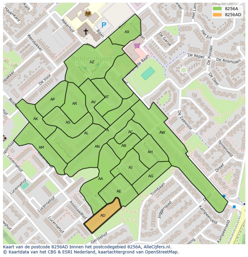 Afbeelding van het postcodegebied 8256 AD op de kaart.