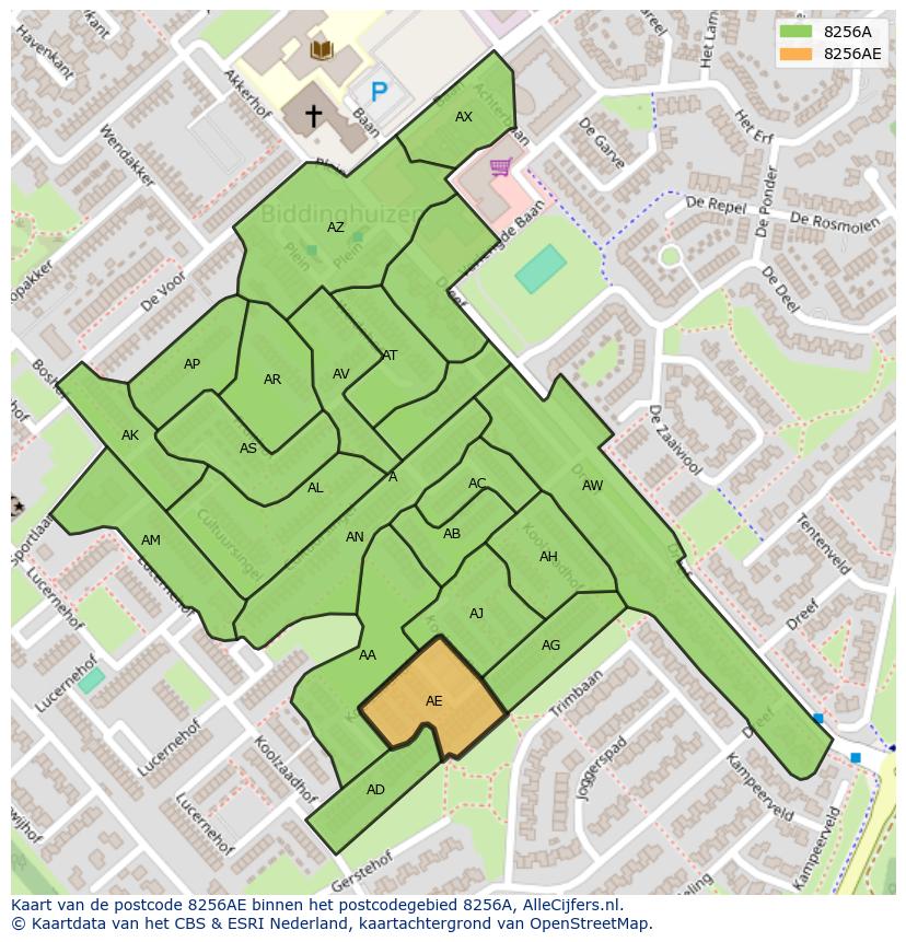 Afbeelding van het postcodegebied 8256 AE op de kaart.