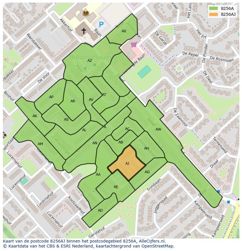 Afbeelding van het postcodegebied 8256 AJ op de kaart.