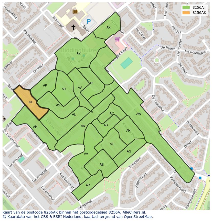 Afbeelding van het postcodegebied 8256 AK op de kaart.