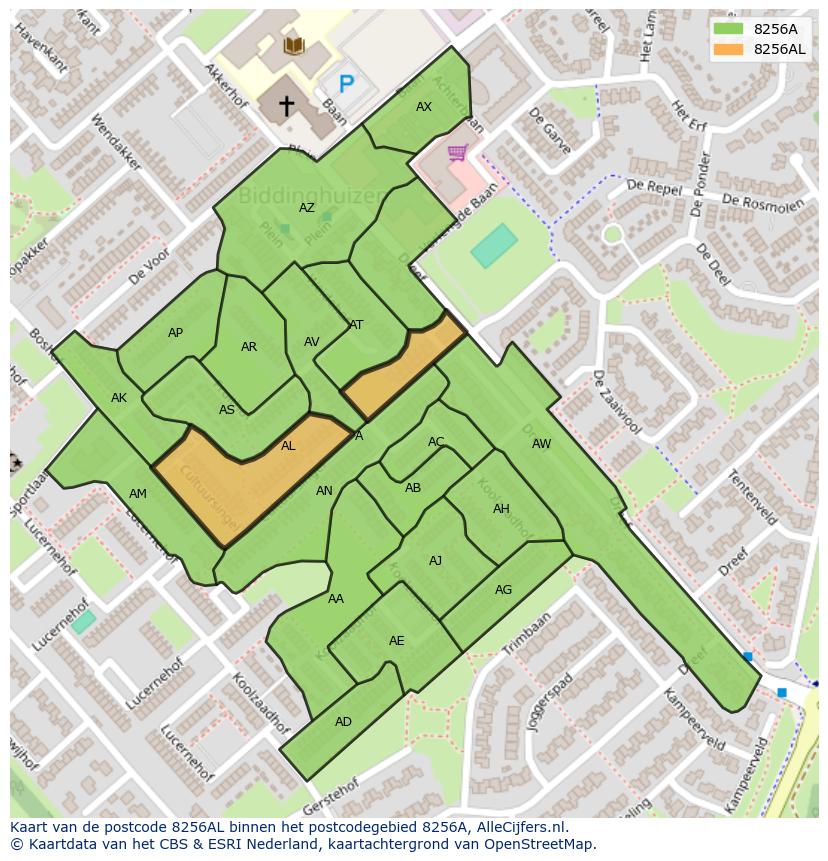 Afbeelding van het postcodegebied 8256 AL op de kaart.