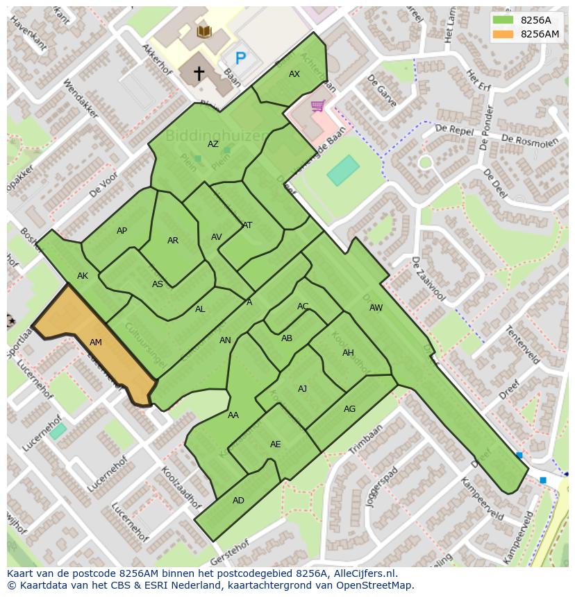 Afbeelding van het postcodegebied 8256 AM op de kaart.