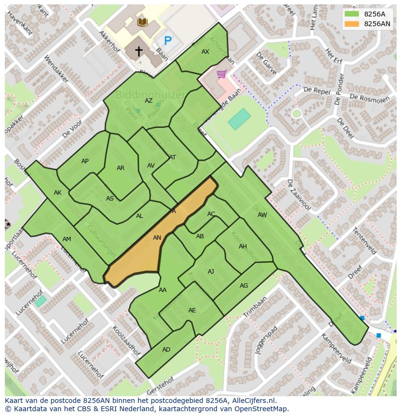 Afbeelding van het postcodegebied 8256 AN op de kaart.