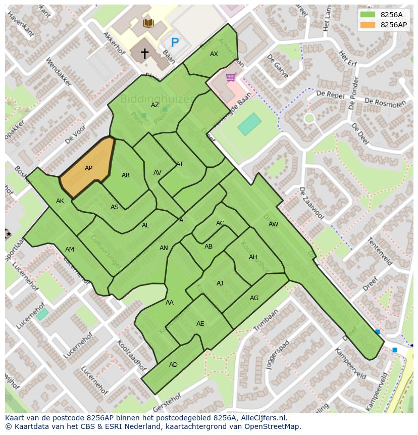 Afbeelding van het postcodegebied 8256 AP op de kaart.