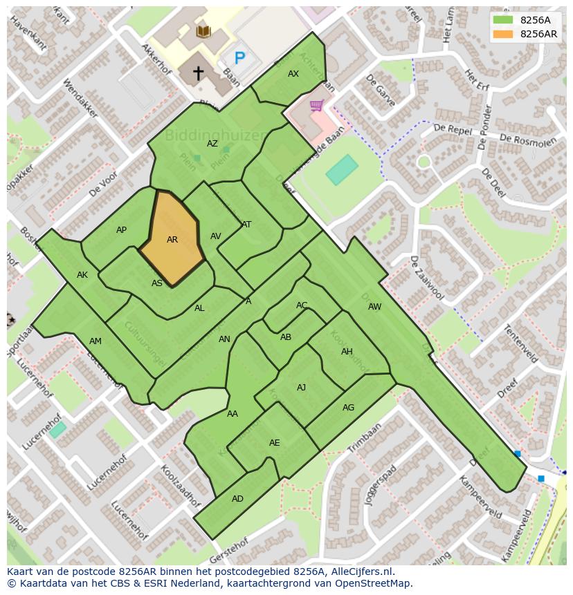 Afbeelding van het postcodegebied 8256 AR op de kaart.