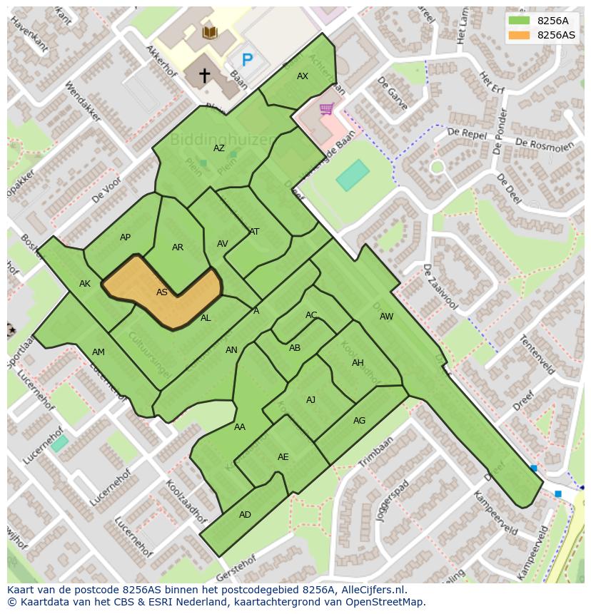 Afbeelding van het postcodegebied 8256 AS op de kaart.