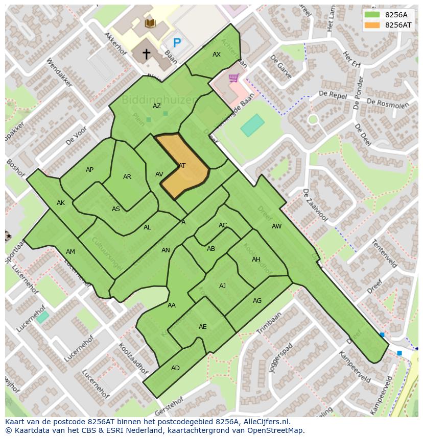 Afbeelding van het postcodegebied 8256 AT op de kaart.