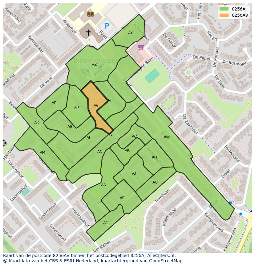 Afbeelding van het postcodegebied 8256 AV op de kaart.
