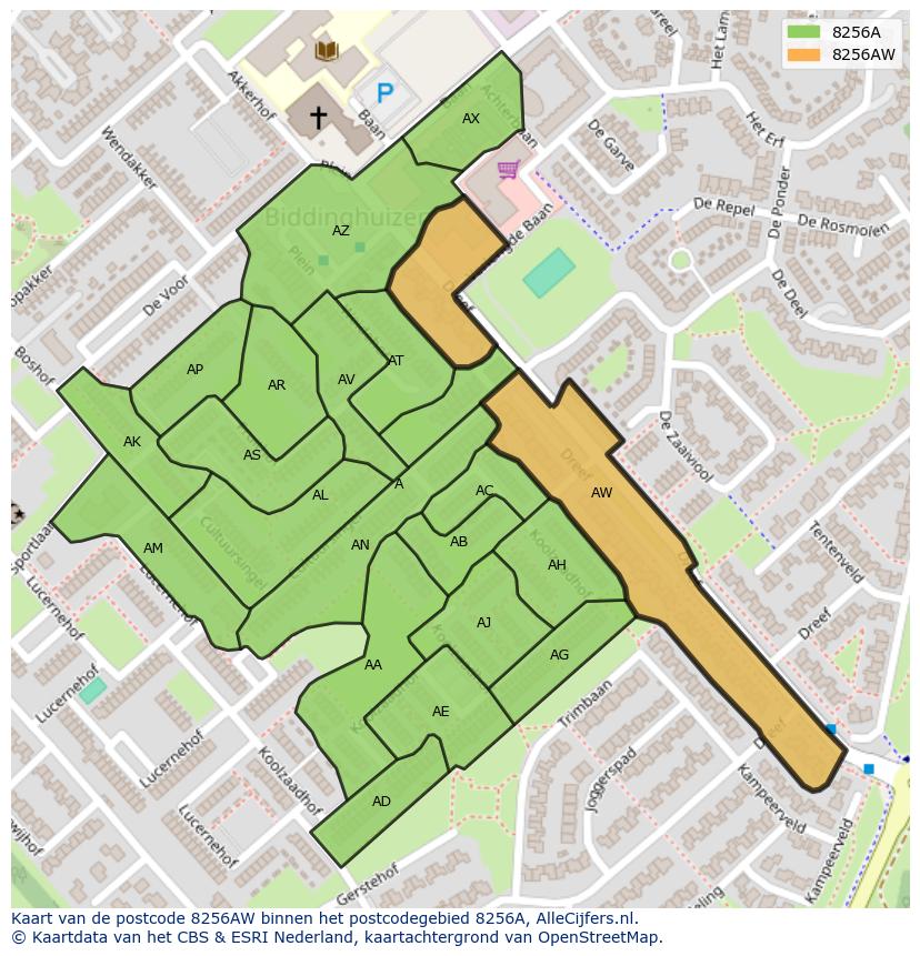 Afbeelding van het postcodegebied 8256 AW op de kaart.