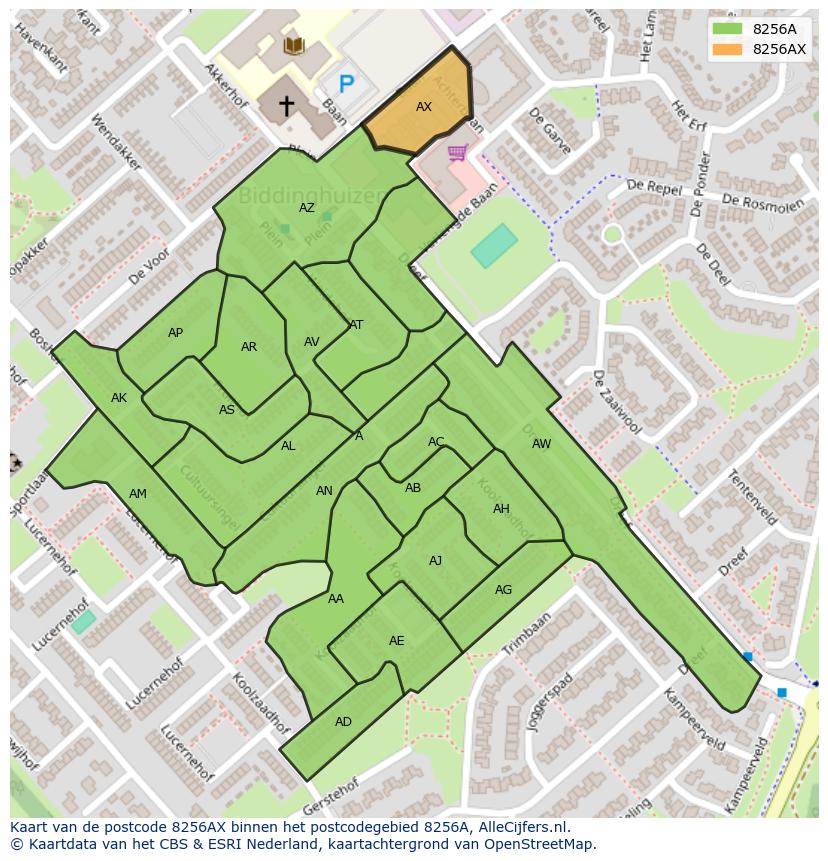 Afbeelding van het postcodegebied 8256 AX op de kaart.