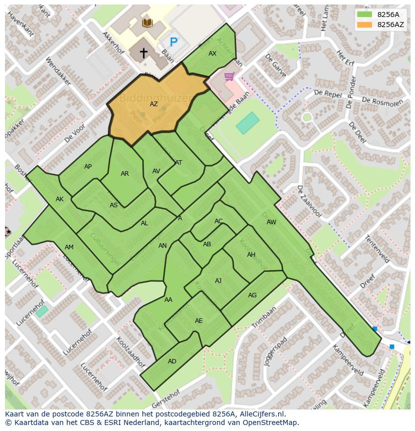 Afbeelding van het postcodegebied 8256 AZ op de kaart.
