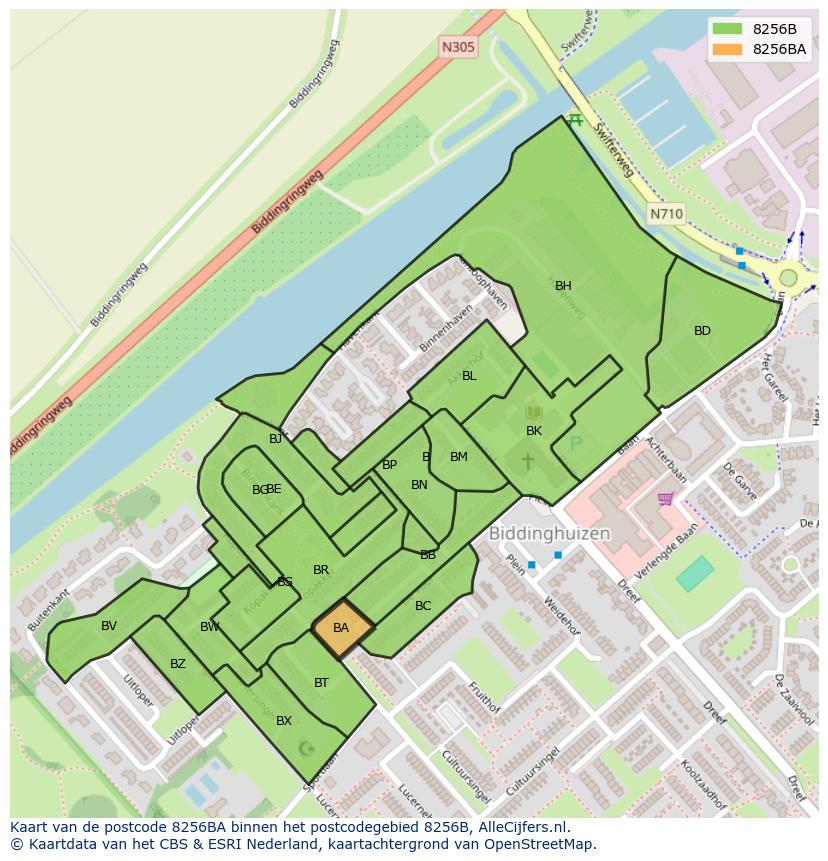 Afbeelding van het postcodegebied 8256 BA op de kaart.