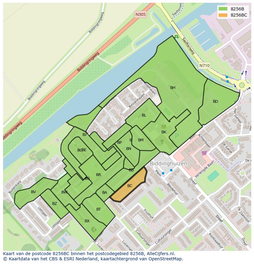 Afbeelding van het postcodegebied 8256 BC op de kaart.