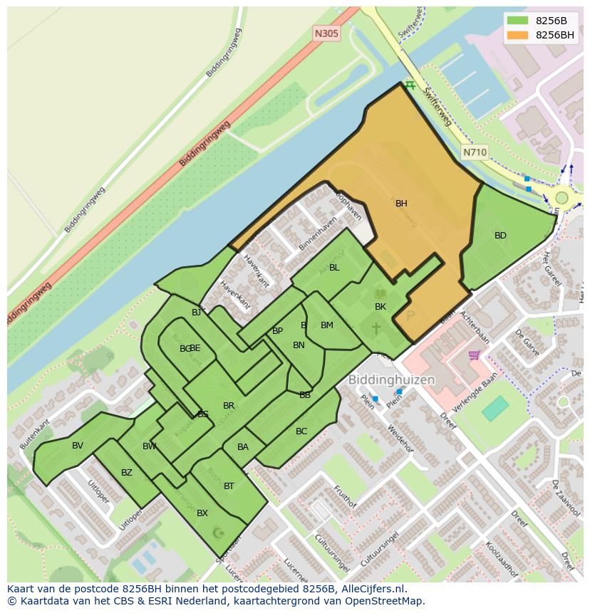 Afbeelding van het postcodegebied 8256 BH op de kaart.