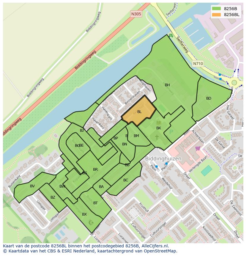 Afbeelding van het postcodegebied 8256 BL op de kaart.