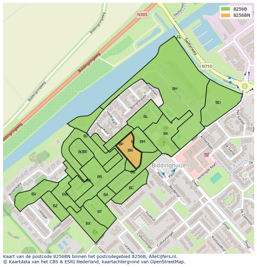 Afbeelding van het postcodegebied 8256 BN op de kaart.