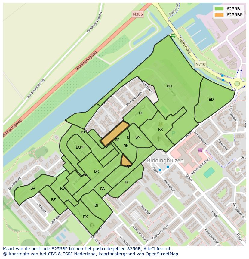 Afbeelding van het postcodegebied 8256 BP op de kaart.