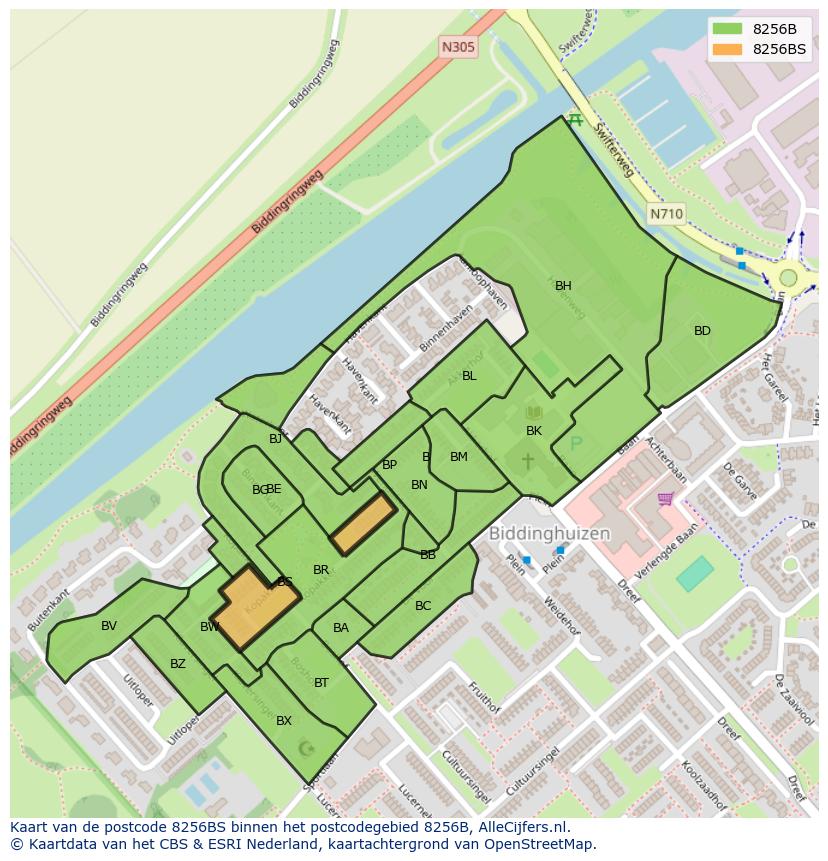 Afbeelding van het postcodegebied 8256 BS op de kaart.